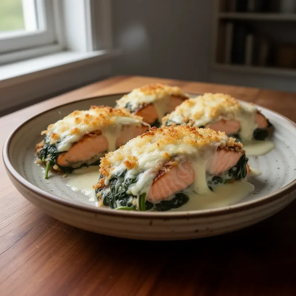 Baked salmon fillet with spinach and mozzarella cheese on a plate