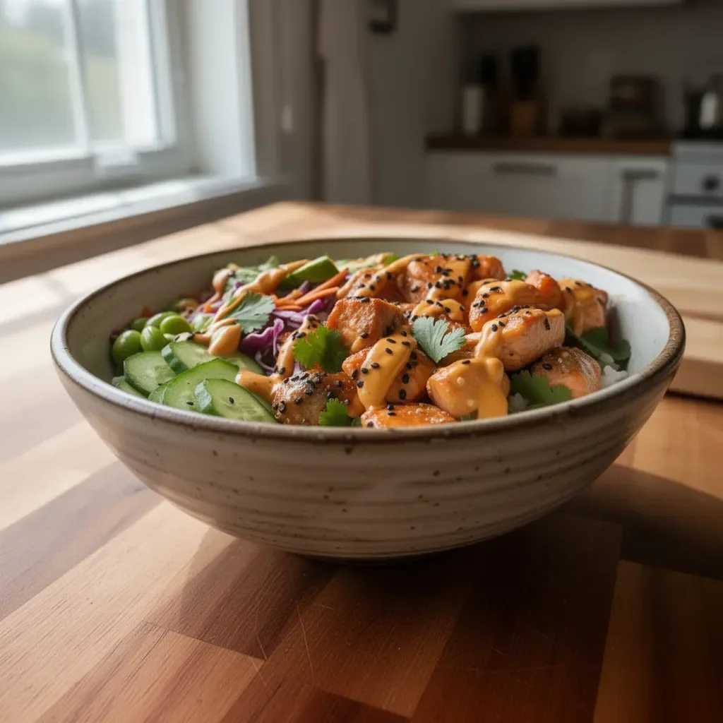 Bang Bang Salmon Rice Bowls topped with spicy sauce and vegetables