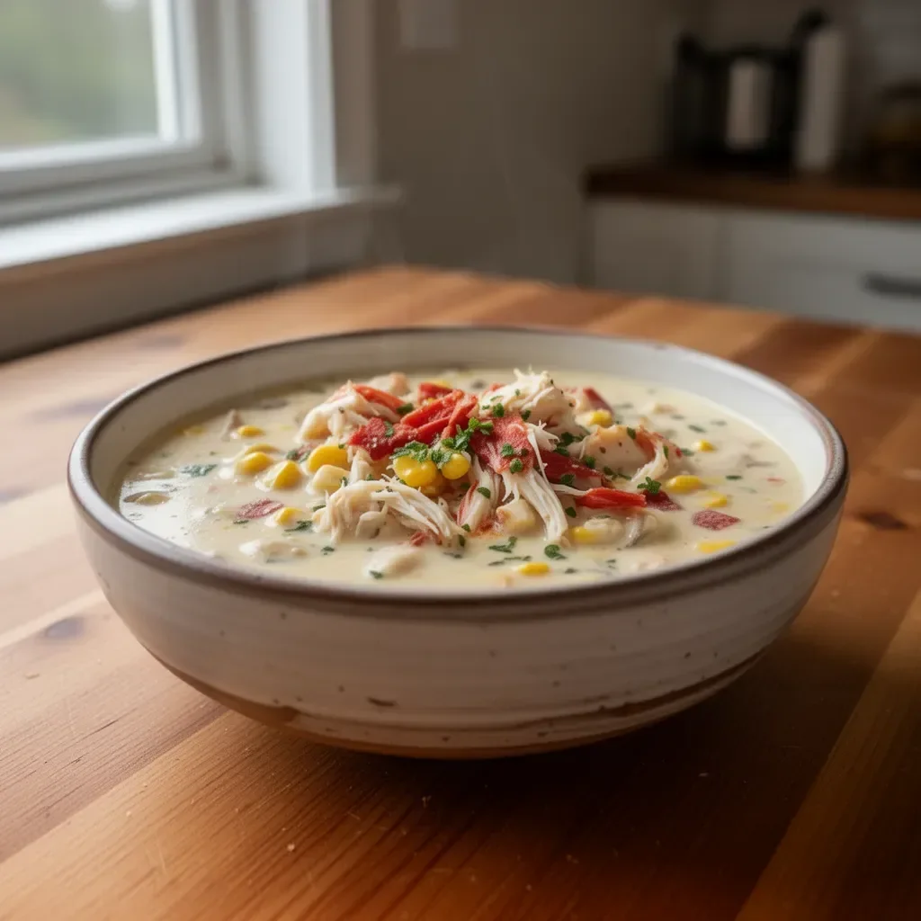 Bobby Flay's creamy crab and corn chowder served in a white bowl