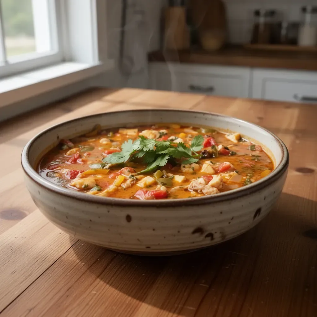Bowl of Brazilian fish stew garnished with fresh herbs and served hot.