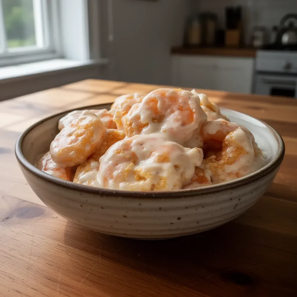 Buffet style creamy coconut shrimp dish garnished with herbs and served in a bowl.