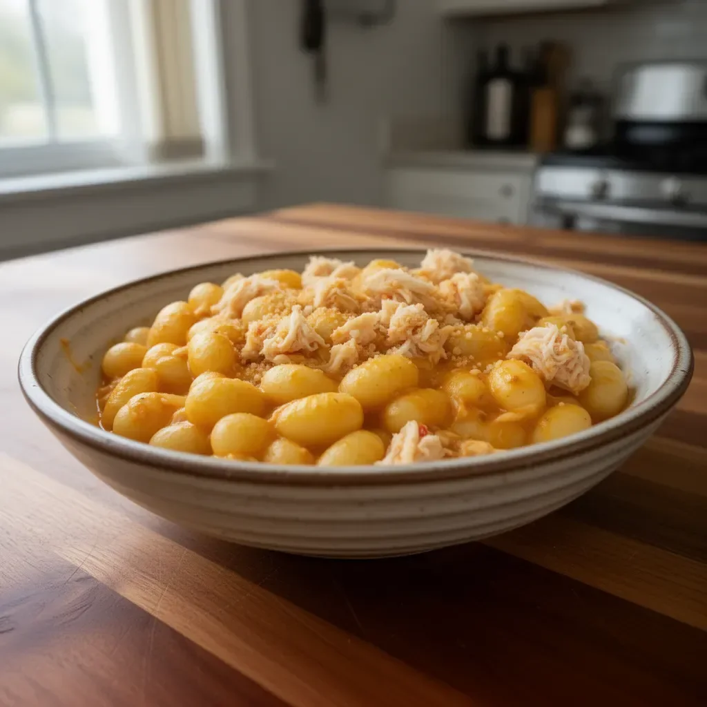 Cajun Crab Gnocchi Mac and Cheese served in a bowl with herbs and cheese