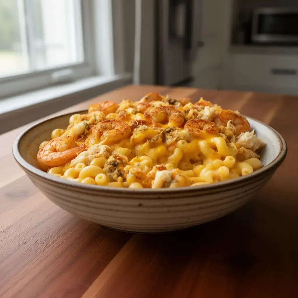 Cajun shrimp and crab mac and cheese in a creamy cheese sauce with pasta.