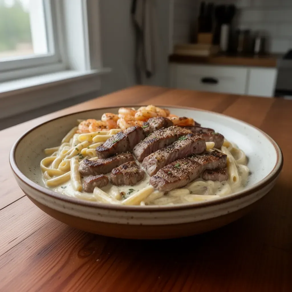 Cajun shrimp steak alfredo pasta served on a plate with fresh herbs and garnishes.