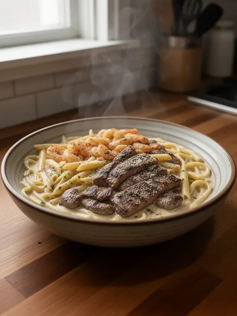 Cajun Shrimp and Steak Alfredo Pasta