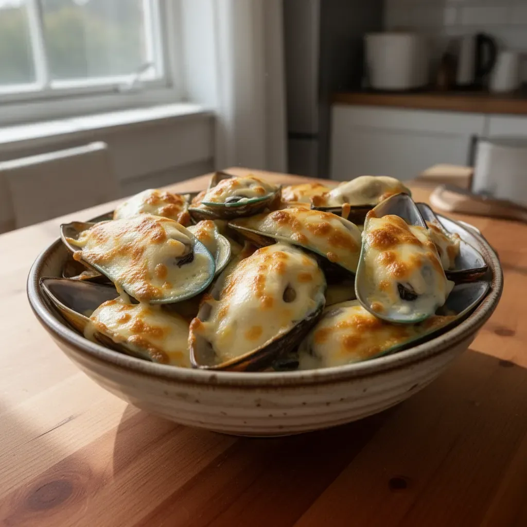 Delicious Cheesy Mayo Mussels served buffet-style with creamy mayo topping.