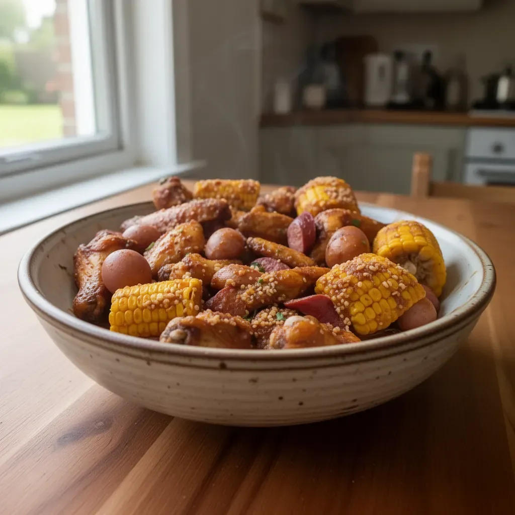 Delicious Chicken Wing Boil served with spices and herbs