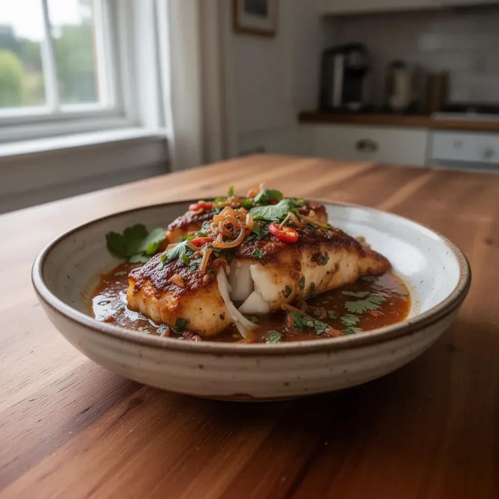 Chilli Lime Fish served garnished with fresh lime and chili peppers.