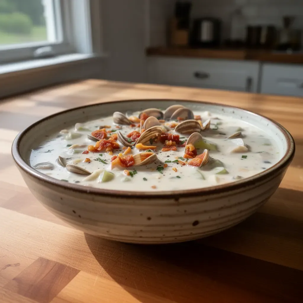 Bowl of creamy clam chowder topped with parsley and served with crackers.