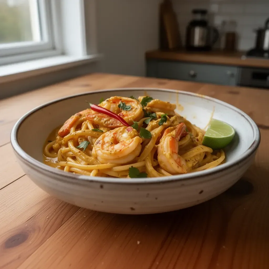 Bowl of Coconut Curry Prawn Pasta garnished with fresh herbs
