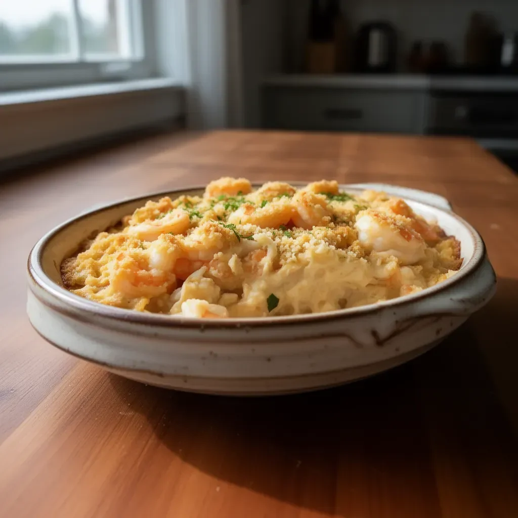 Delicious crab and shrimp casserole ready to serve in a baking dish