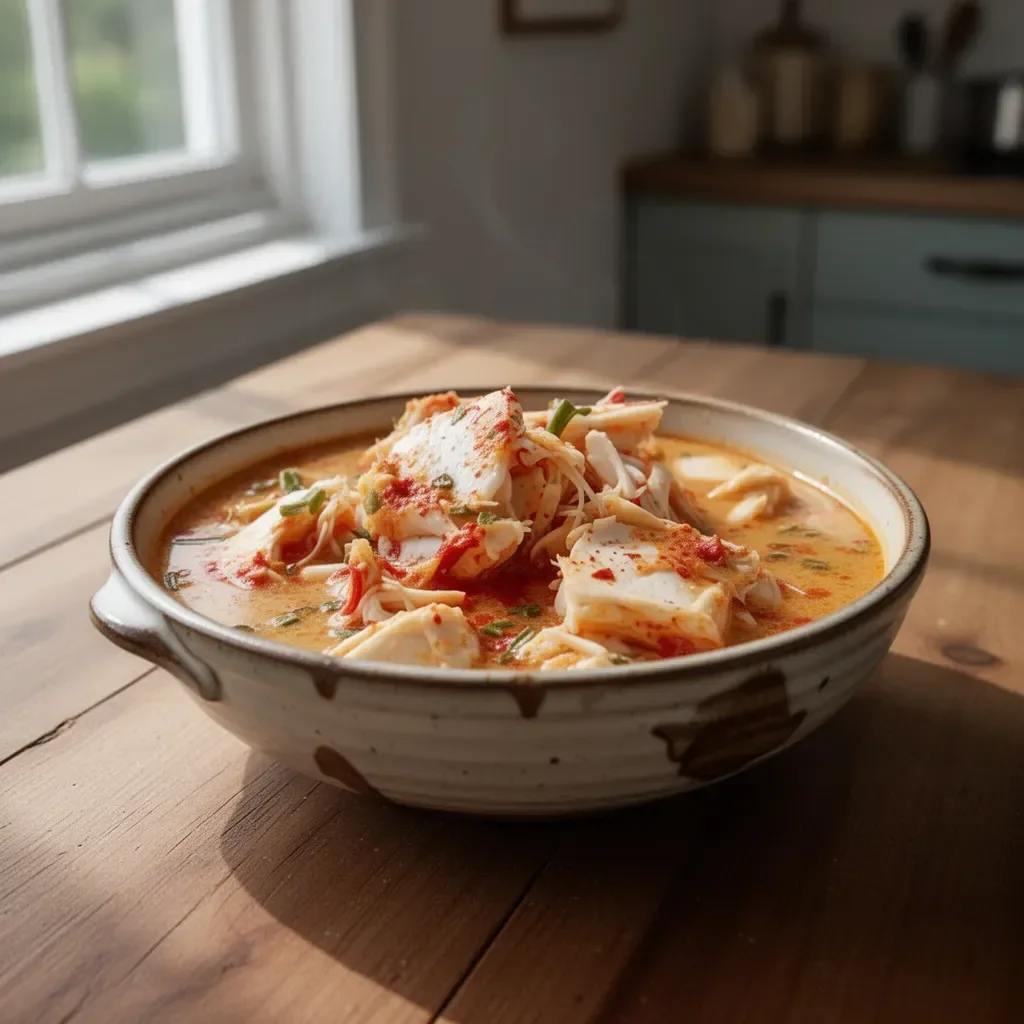 Delicious homemade crab stew in a bowl with herbs and vegetables