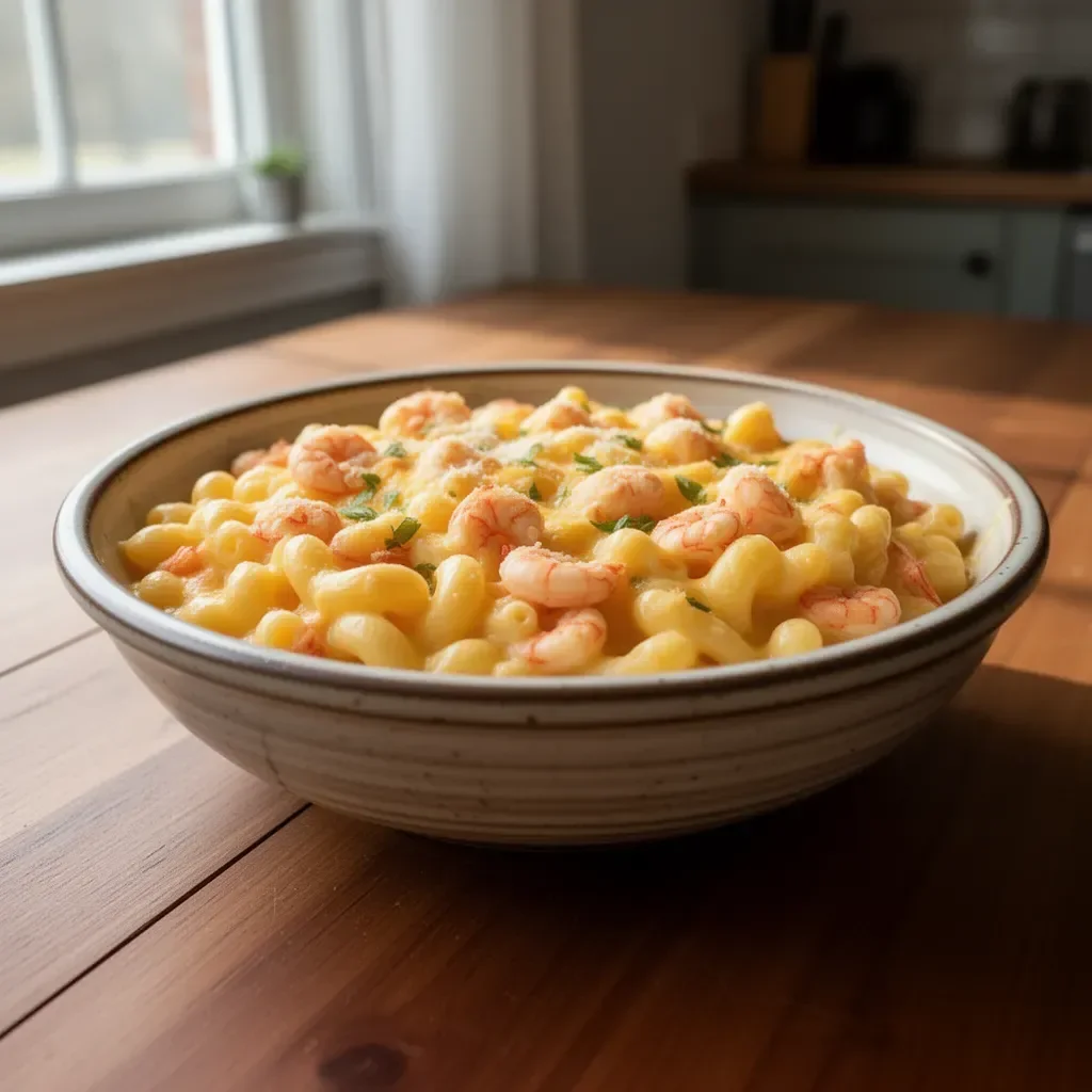 Creamy dish of Crawfish Mac and Cheese topped with golden breadcrumbs