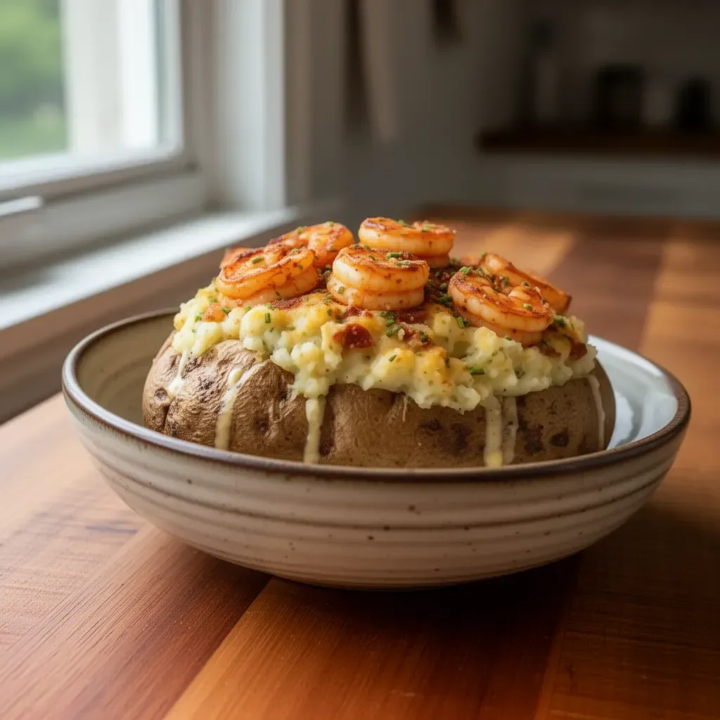 Creamy Cajun shrimp on a loaded baked potato topped with cheese and green onions