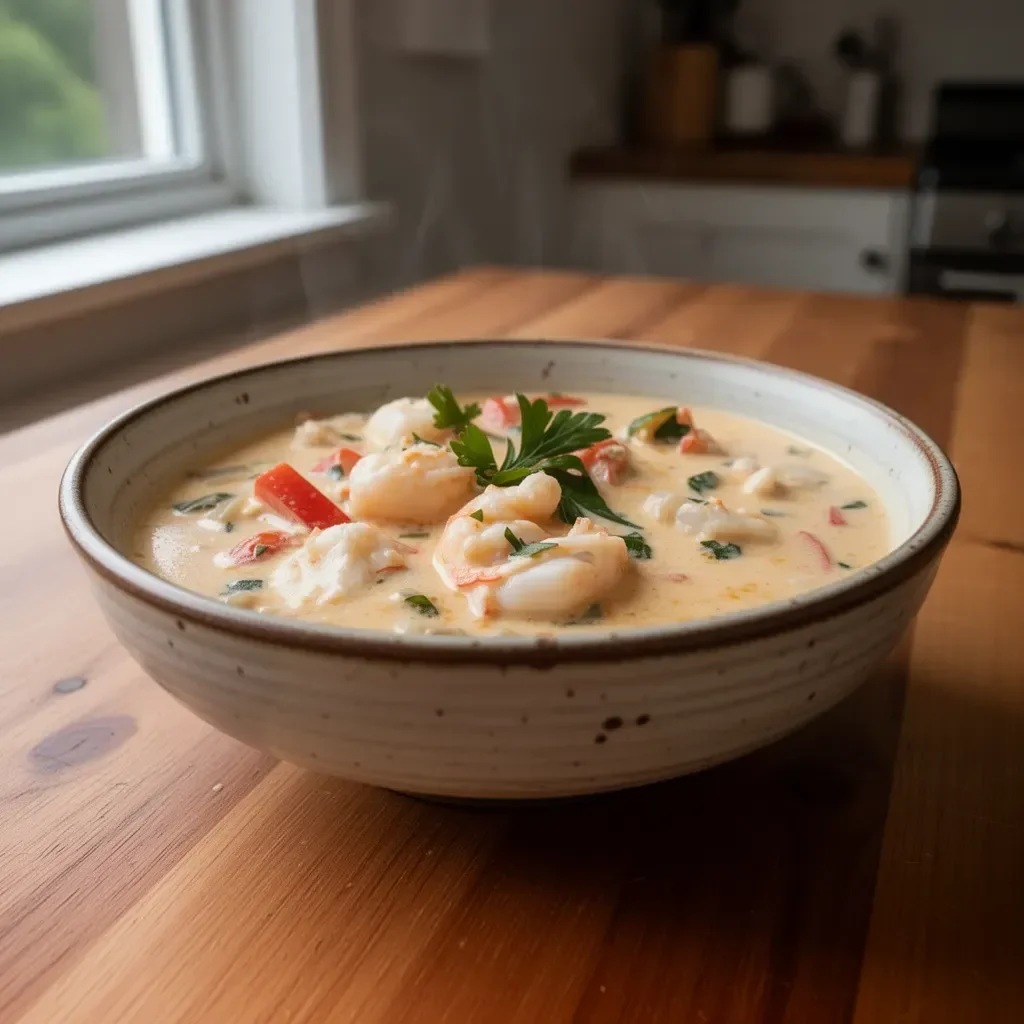 Creamy crab and shrimp seafood bisque in a bowl