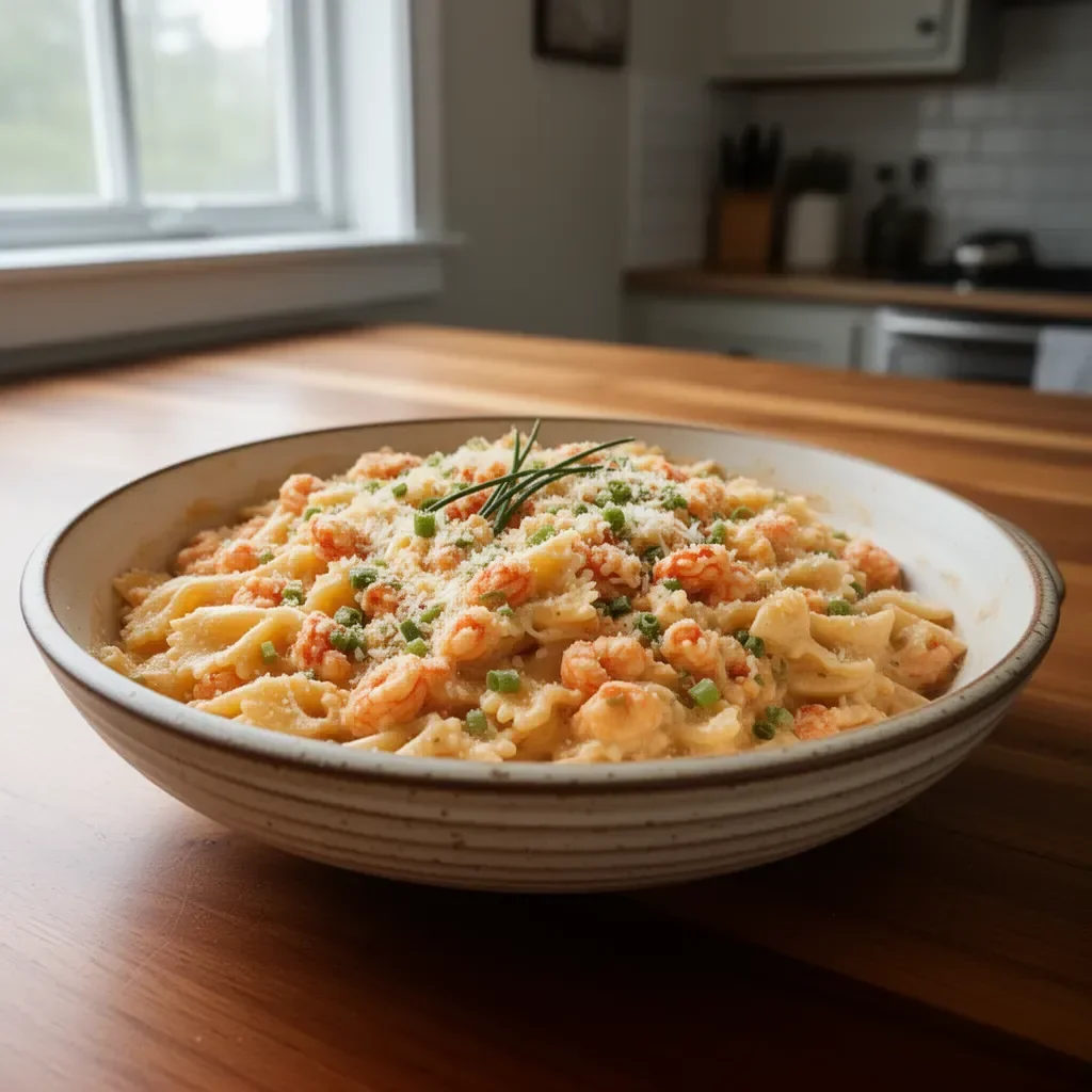 Delicious creamy crawfish pasta served in a bowl with fresh herbs