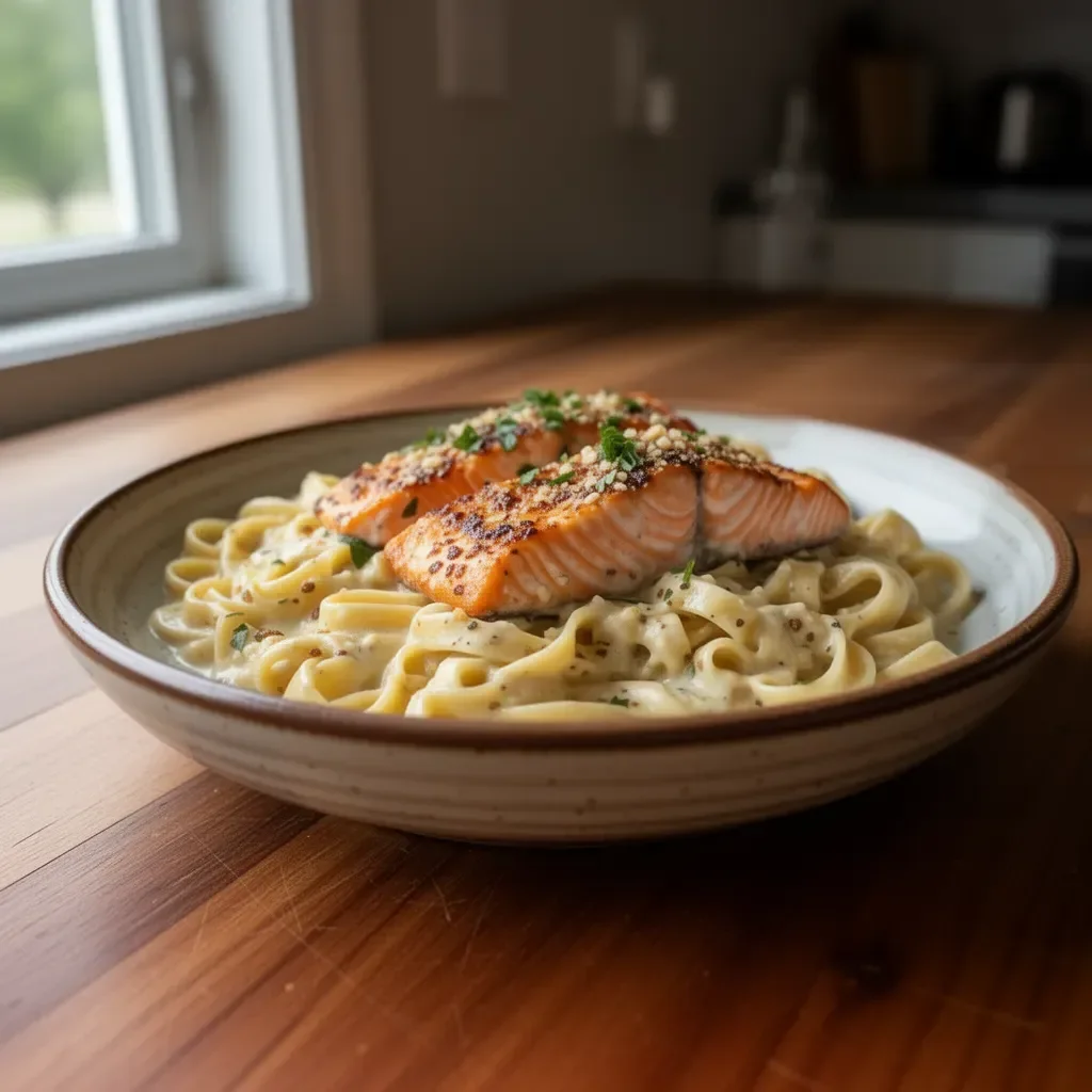 Creamy garlic butter salmon fettuccine served in a bowl with herbs