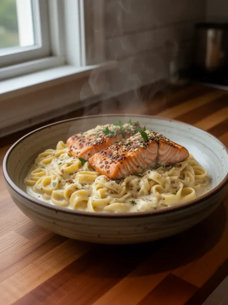 Creamy Garlic Butter Salmon Fettuccine