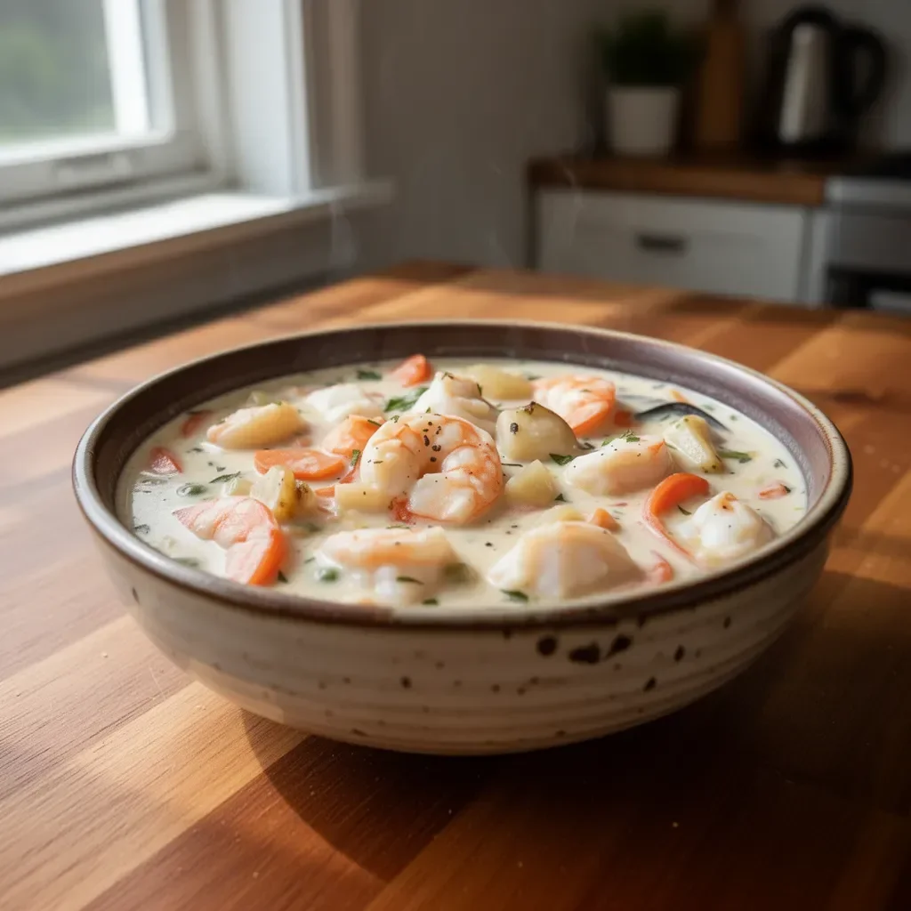 Bowl of creamy rich seafood chowder garnished with fresh herbs