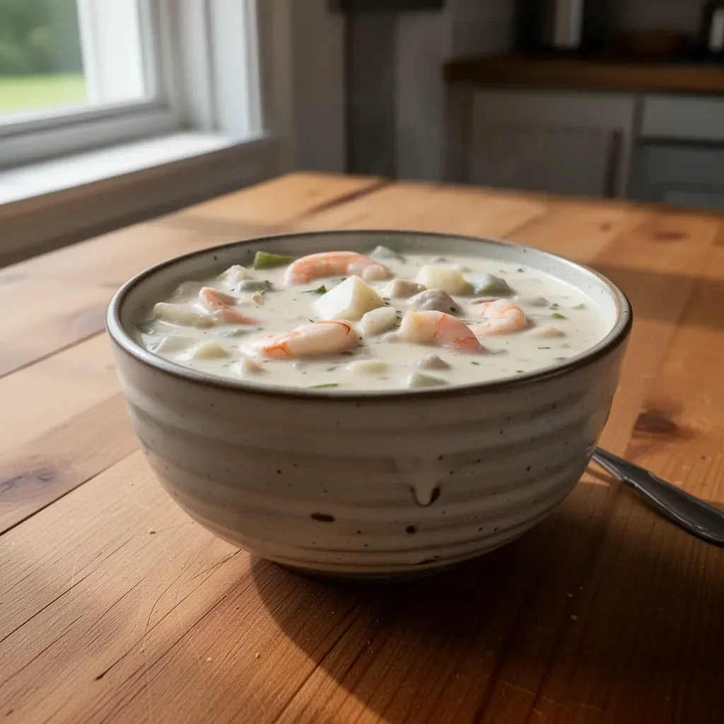 Bowl of creamy seafood chowder with shrimp, clams, and herbs