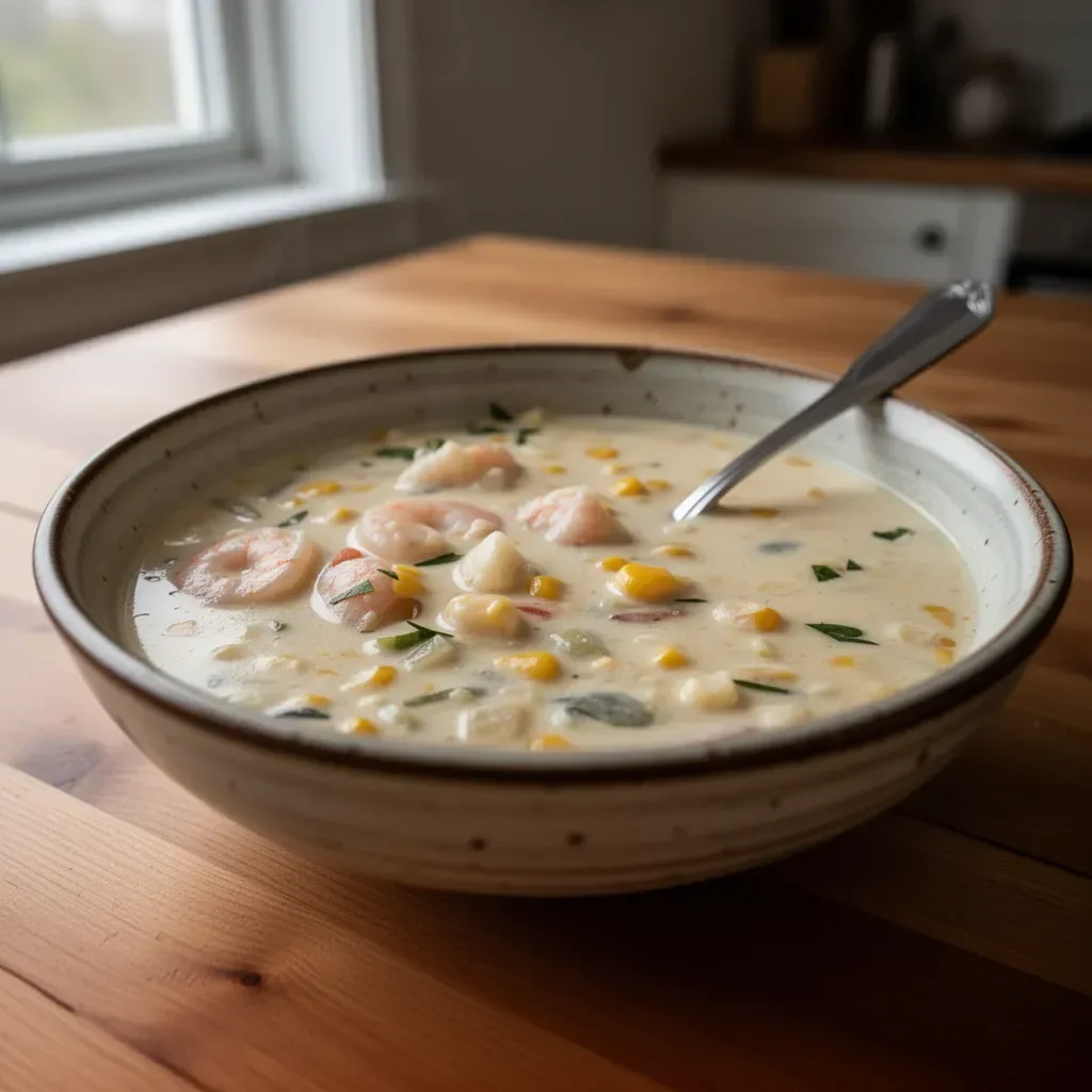 Bowl of creamy shrimp and corn soup garnished with herbs