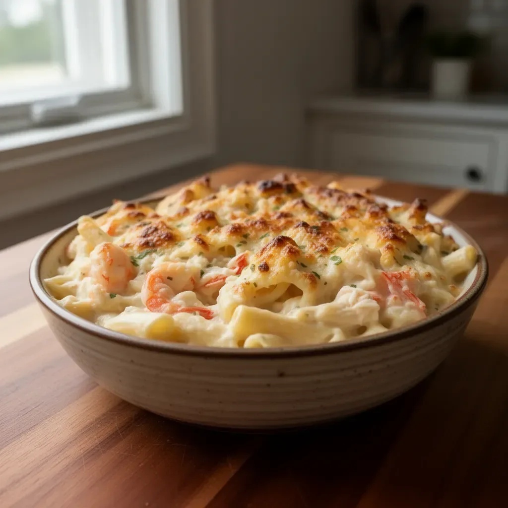Creamy shrimp crab alfredo pasta bake served in a ceramic dish