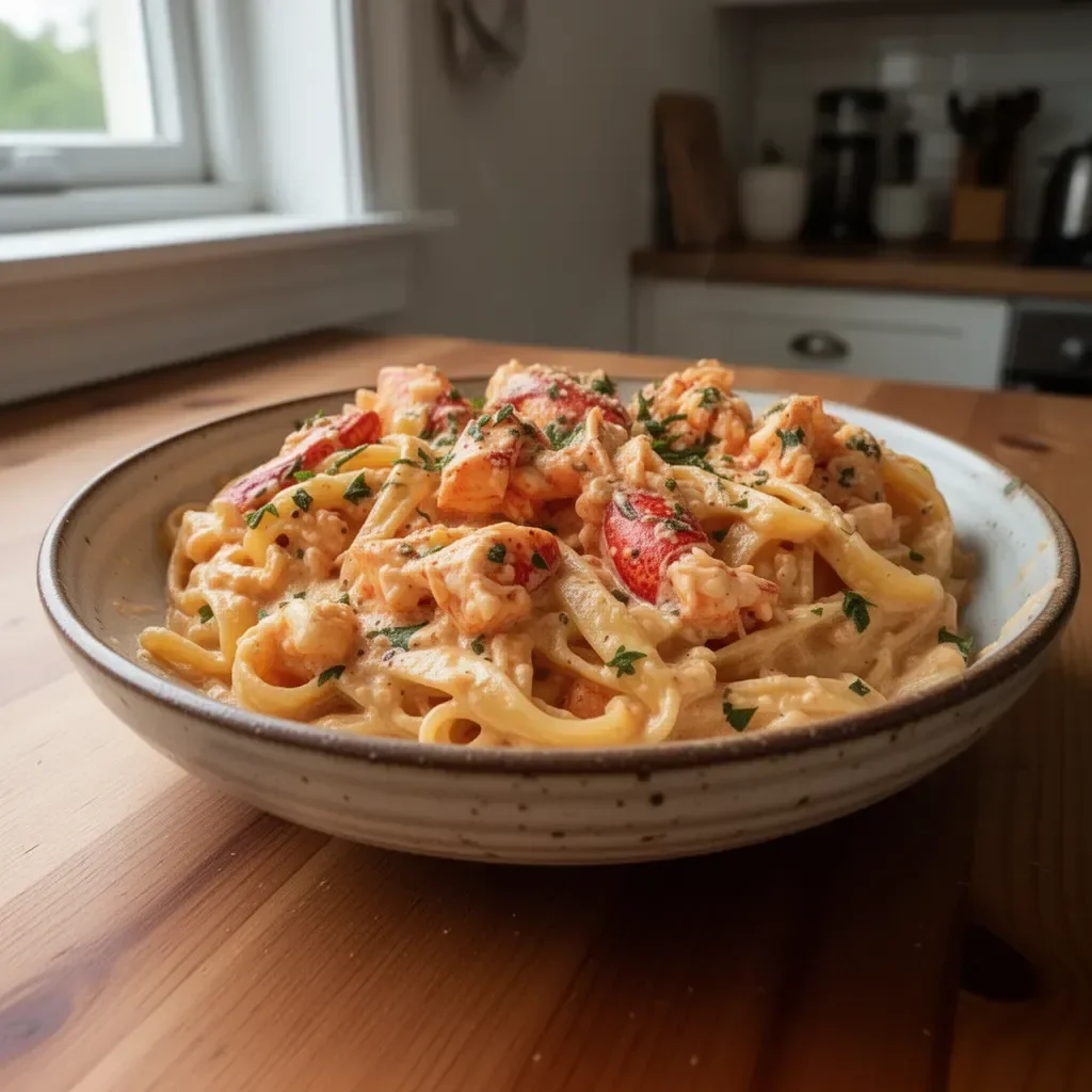 Creamy spicy lobster pasta topped with herbs, served in a gourmet dish