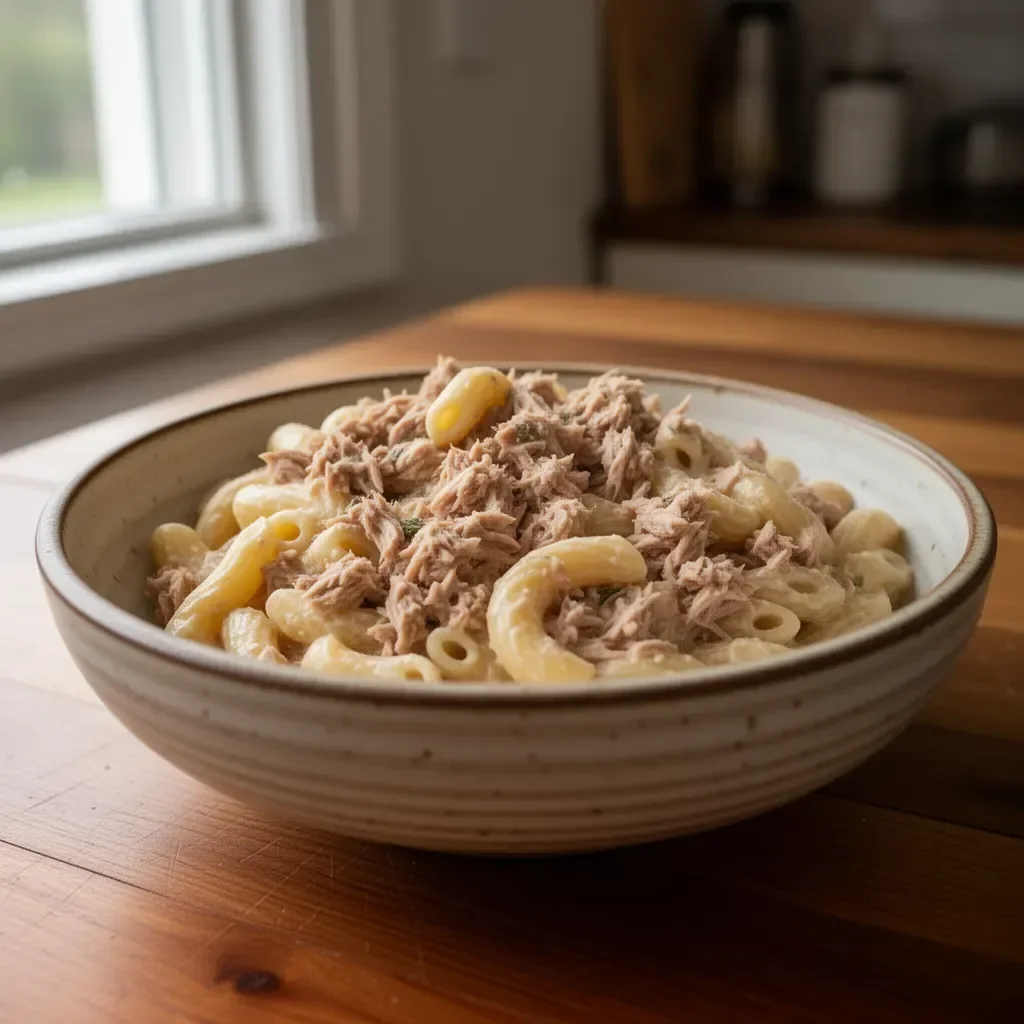 Creamy tuna pasta dish garnished with fresh herbs