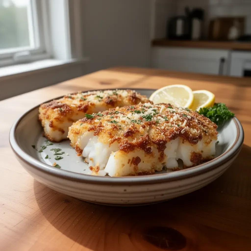 Crispy air fryer Parmesan crusted cod served on a plate with lemon and herbs