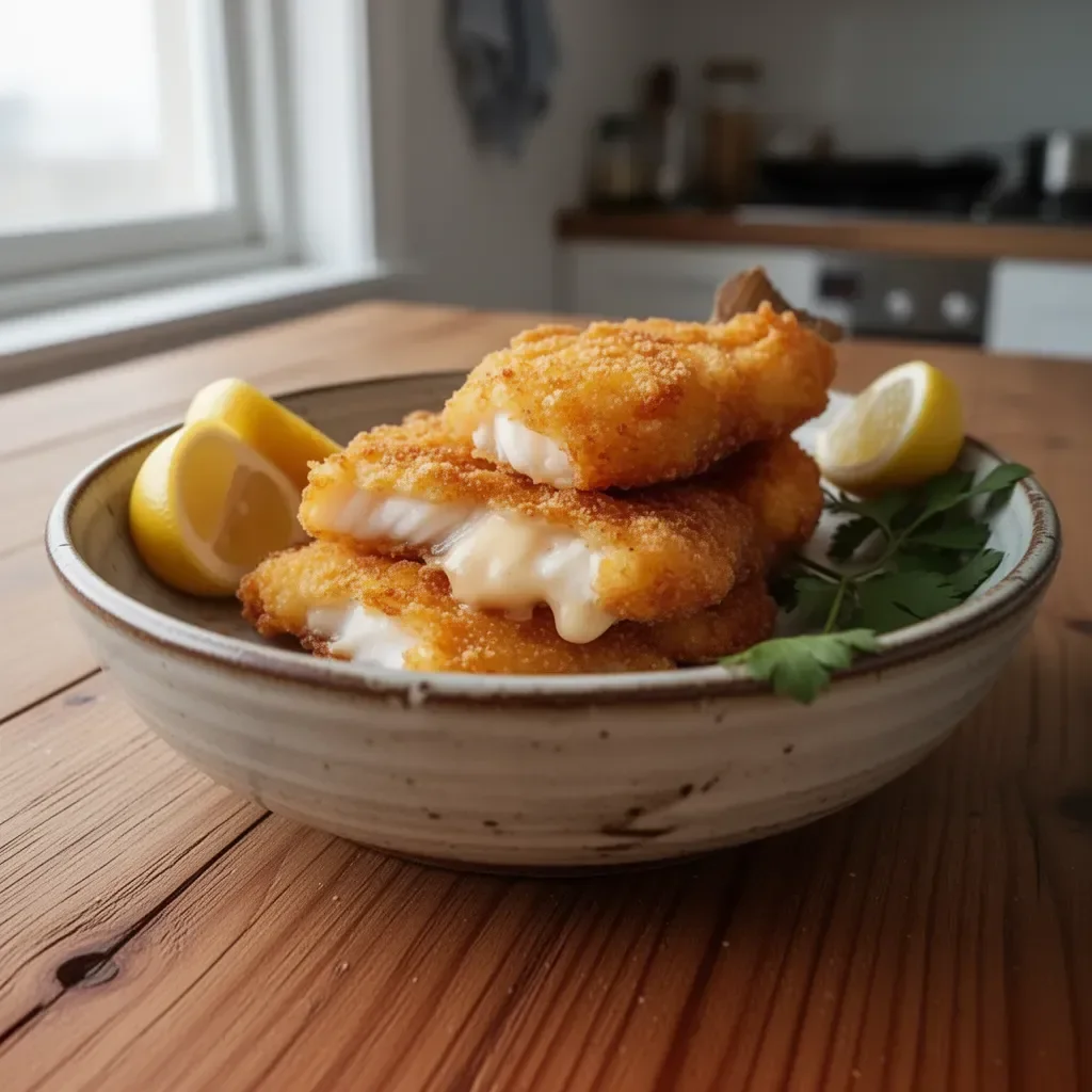 Delicious crispy fried fish served with lemon and herbs