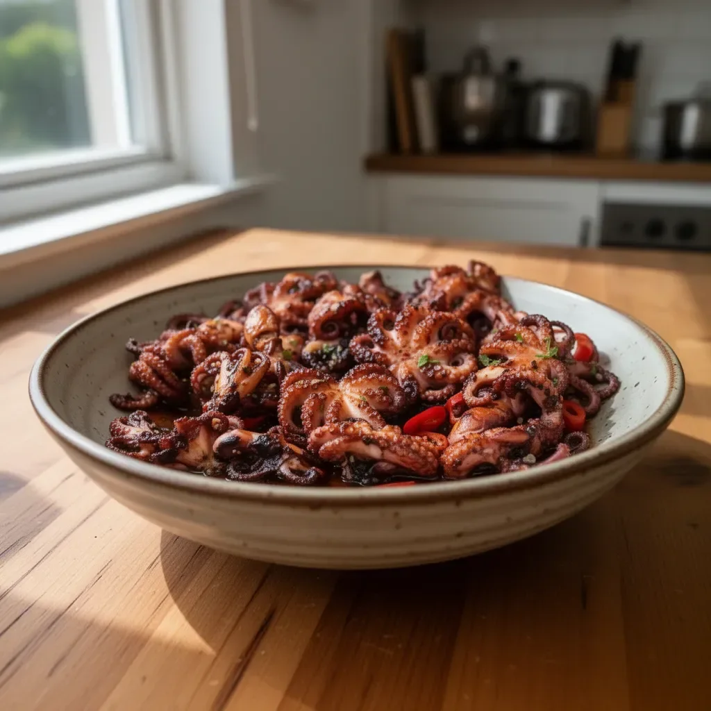Crispy marinated baby octopus served on a plate with garnishes