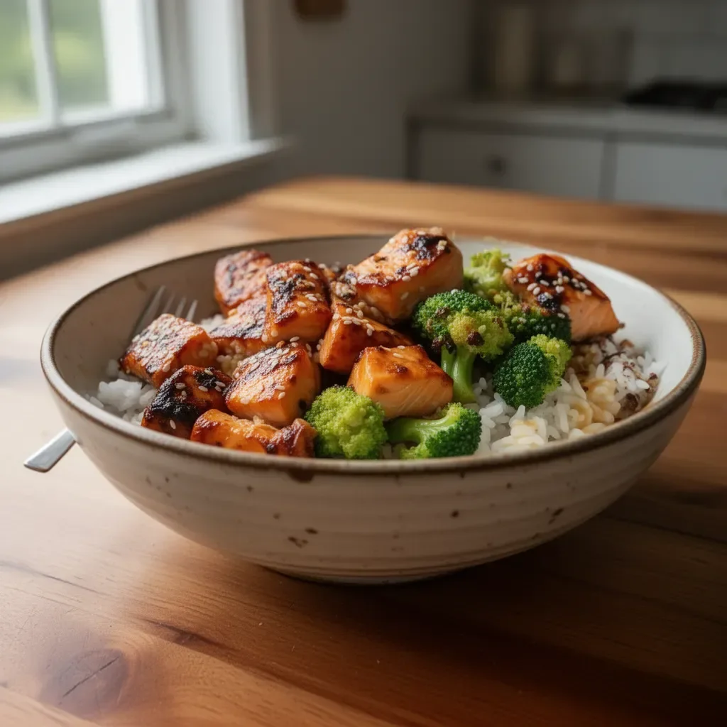 Crispy orange salmon bowls with fresh vegetables and rice garnished with herbs