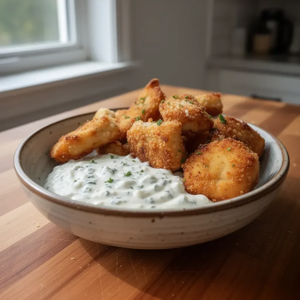Crispy oven-fried fish bites served with homemade tartar sauce