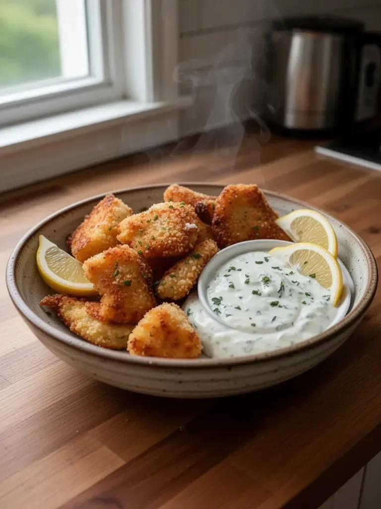 Crispy Oven-Fried Fish Bites with Homemade Tartar Sauce
