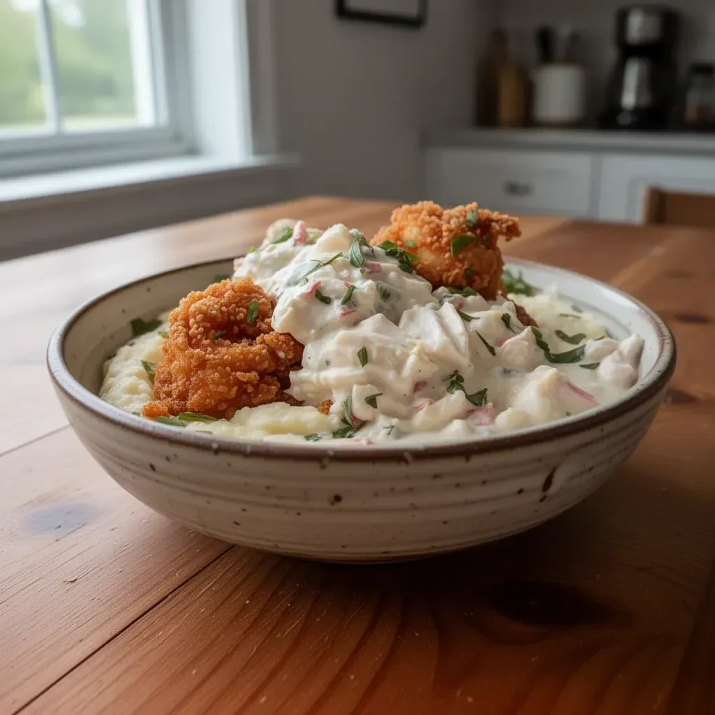 Crispy shrimp and grits served with jumbo lump crab cream sauce on a plate.