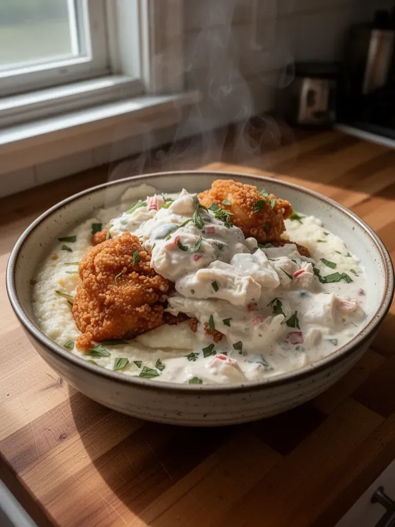 Crispy Shrimp and Grits with Jumbo Lump Crab Cream Sauce
