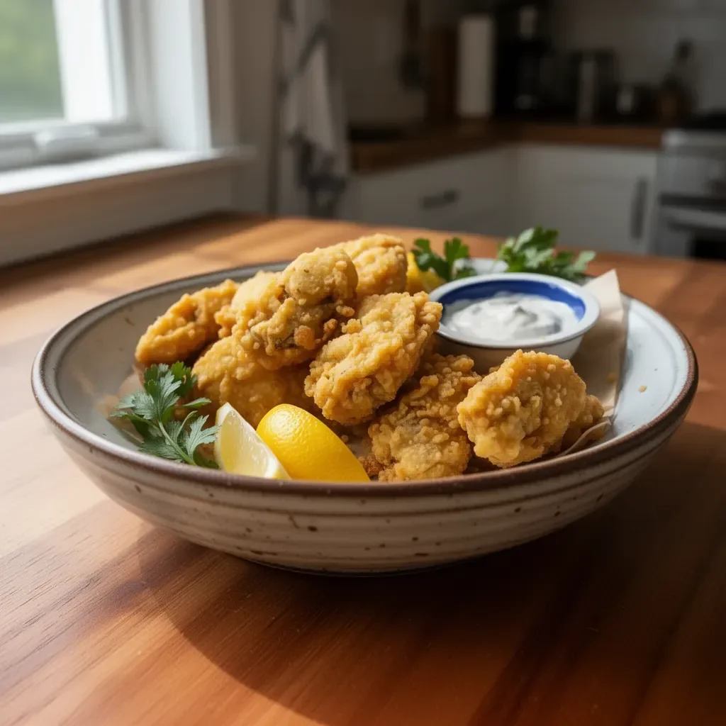 Plate of crispy Virginia fried oysters served with lemon and dipping sauce.
