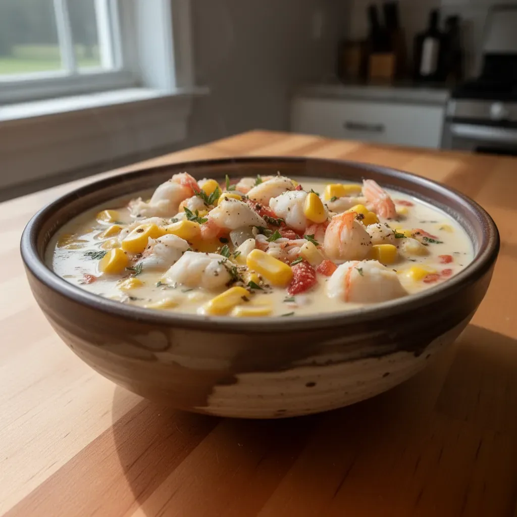 Bobby Flay’s creamy crab and corn chowder in a bowl
