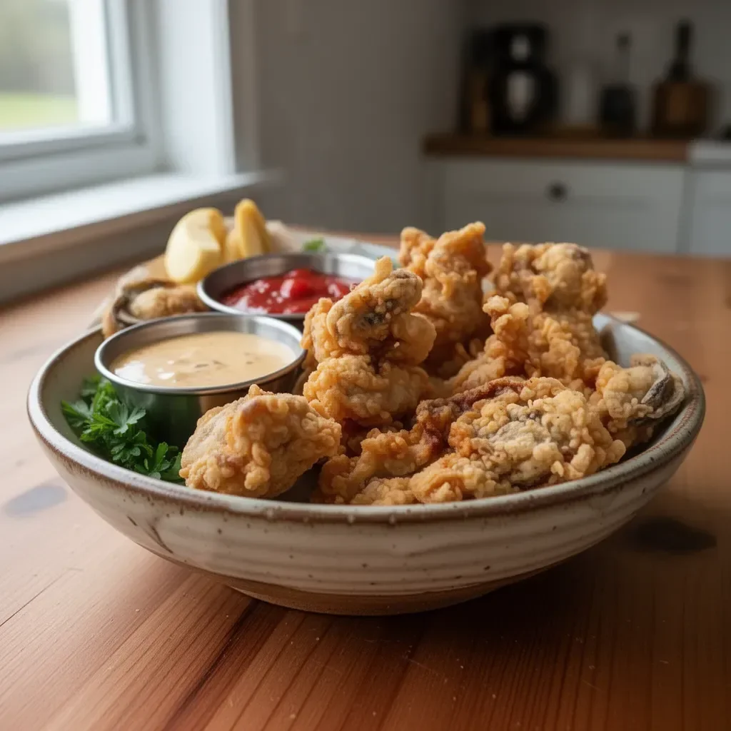 Plate of crispy deep fried oysters with dipping sauces