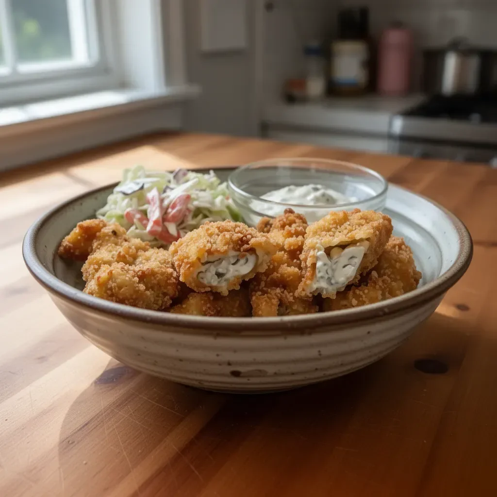 Plate of crispy deep fried oysters served with dipping sauce