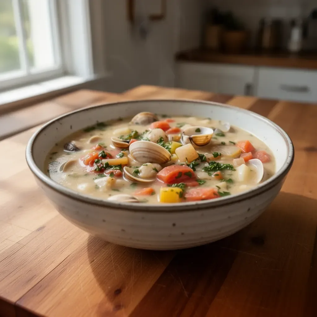 Bowl of Ina Garten's Manhattan Clam Chowder garnished with herbs