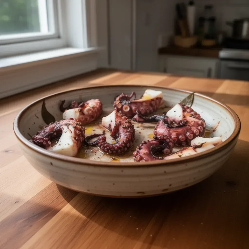 Easy baked Mediterranean octopus dish with herbs and spices.