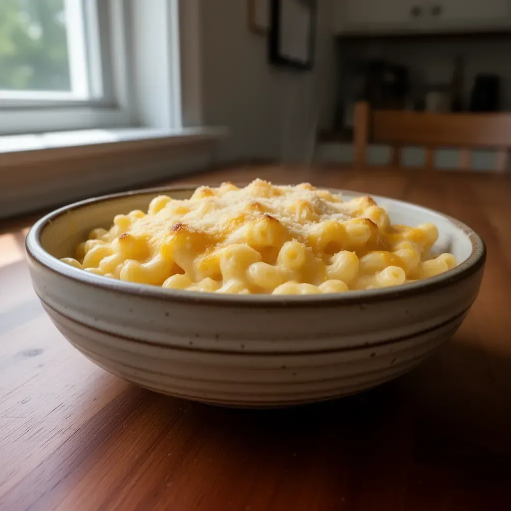 Delicious creamy baked mac and cheese in a casserole dish.