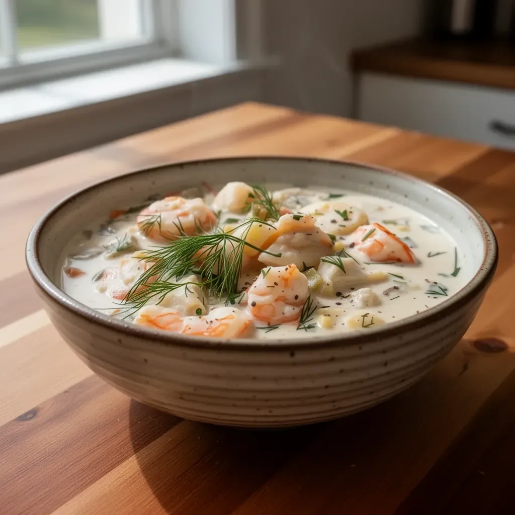 Bowl of easy creamy seafood chowder topped with herbs and served with bread