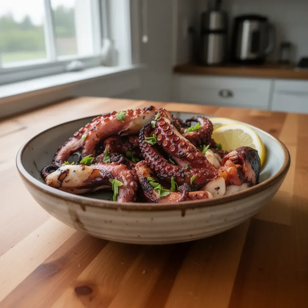 Plate of beautifully grilled octopus garnished with herbs