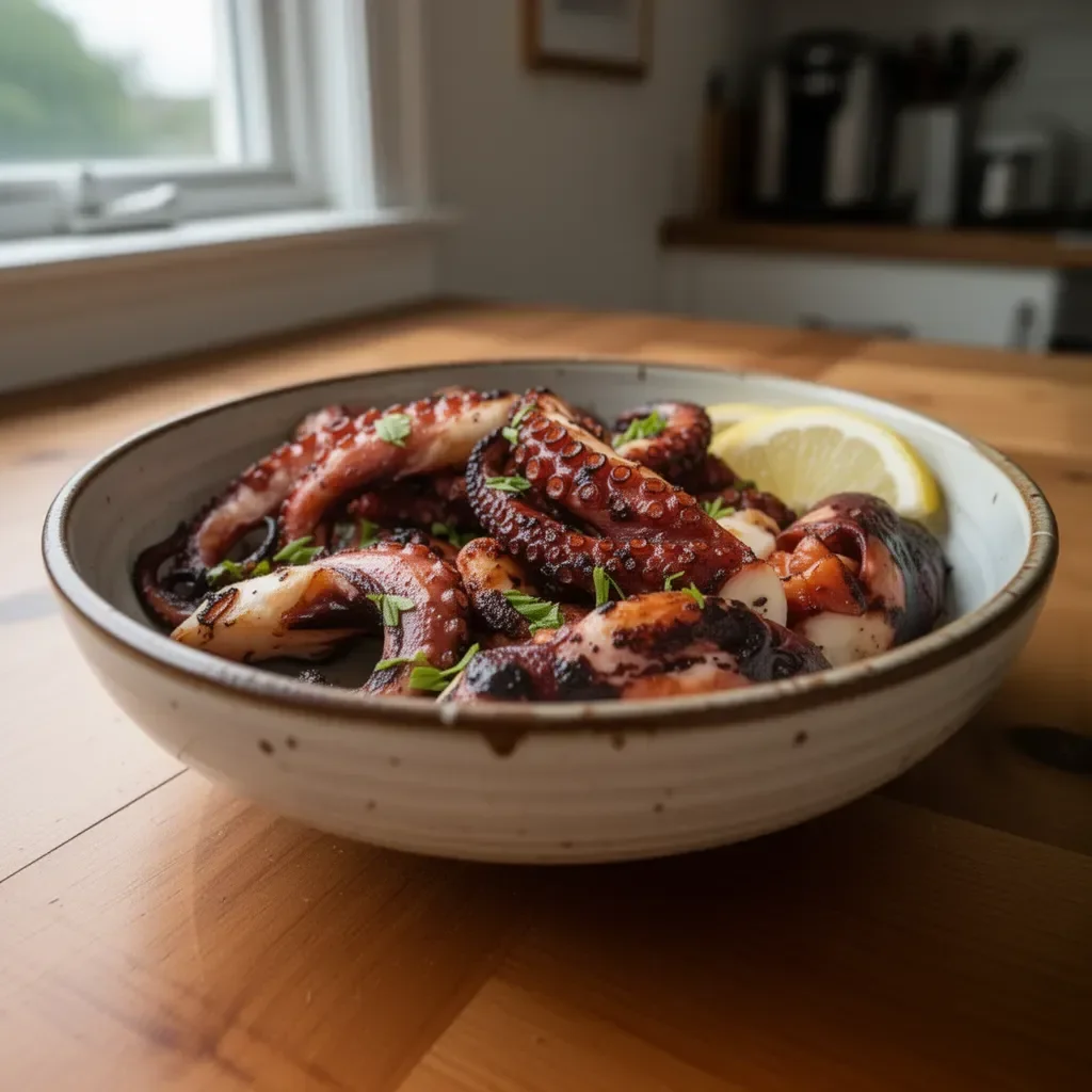 Delicious grilled octopus served with fresh herbs and lemon.