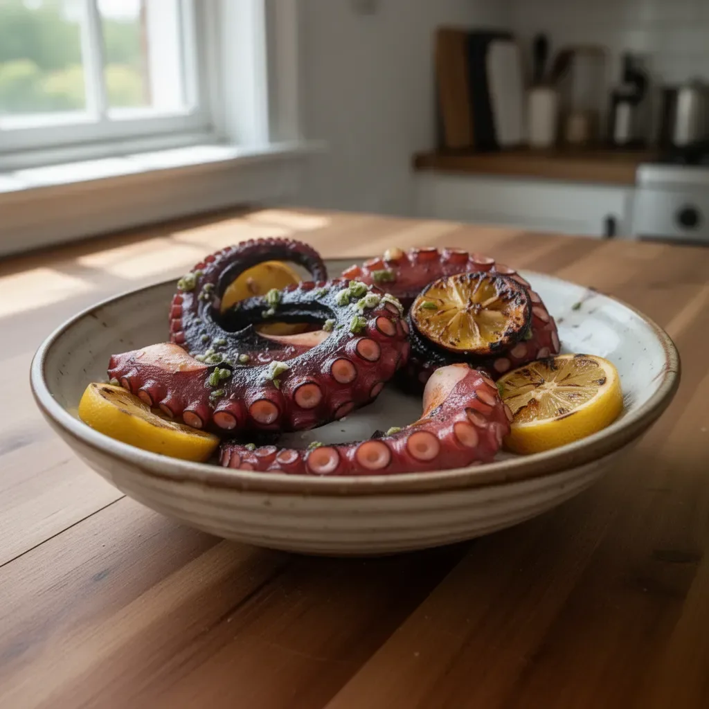 Grilled octopus with lemon on a plate, Greek-style seafood dish