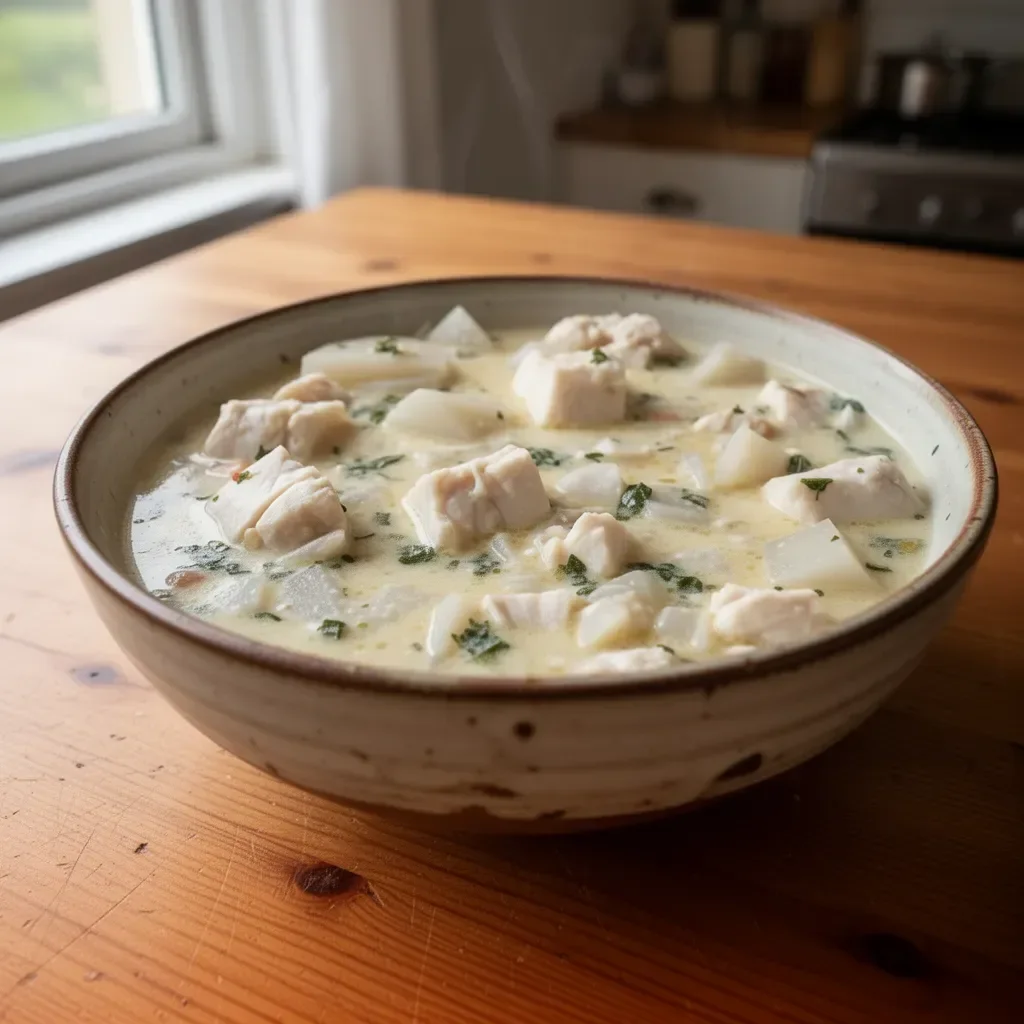 Bowl of creamy Fish Chowder with fresh vegetables and seafood
