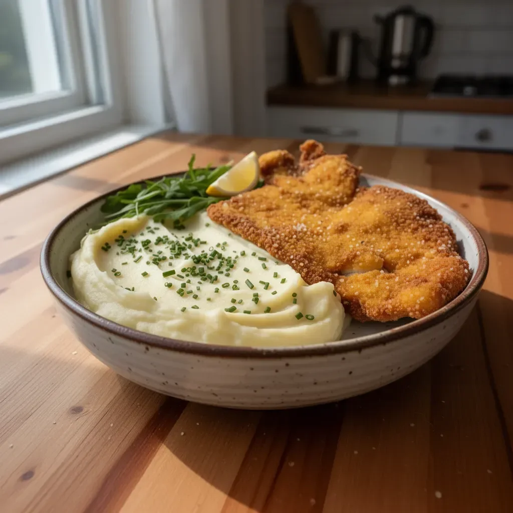 Delicious Fish Schnitzel served with creamy mashed potatoes on a plate.