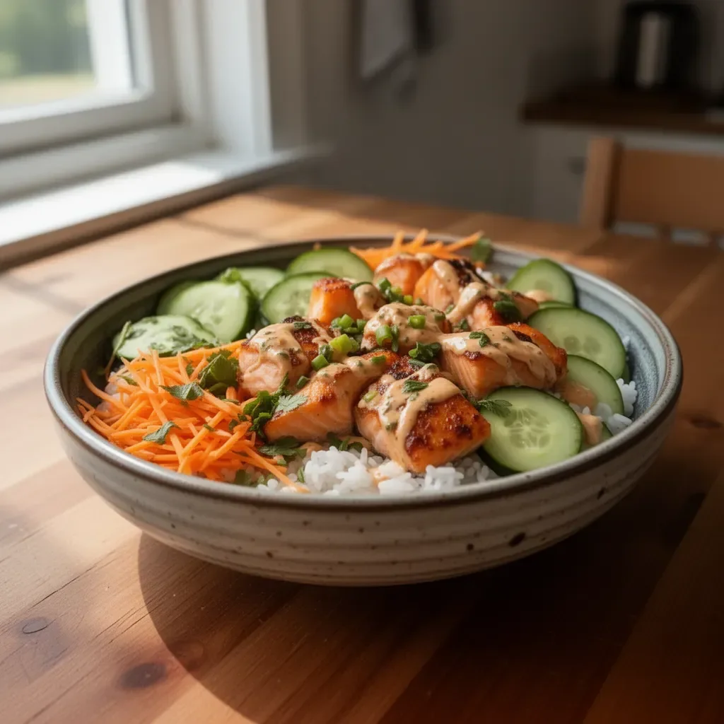 Delicious Bang Bang Salmon bowl topped with fresh vegetables and sauce